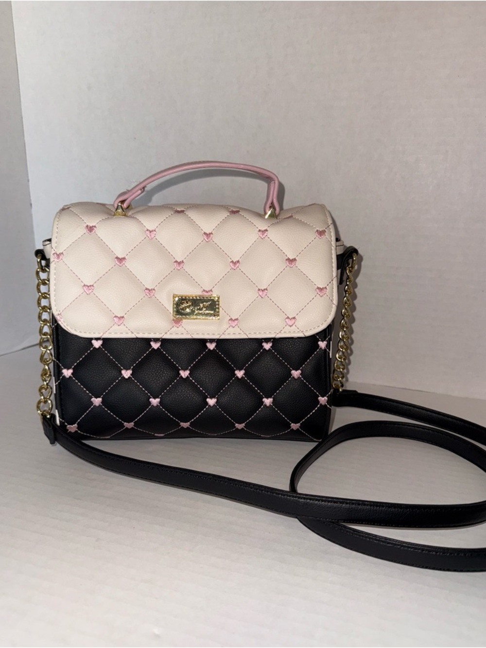 Betsey Johnson Quilted Two-Tone Crossbody in Cream, Black and Pink